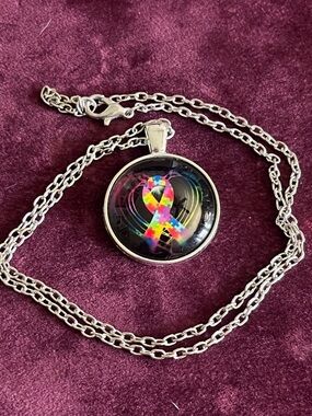 Autism Awareness Puzzle Ribbon Cabochon Necklace